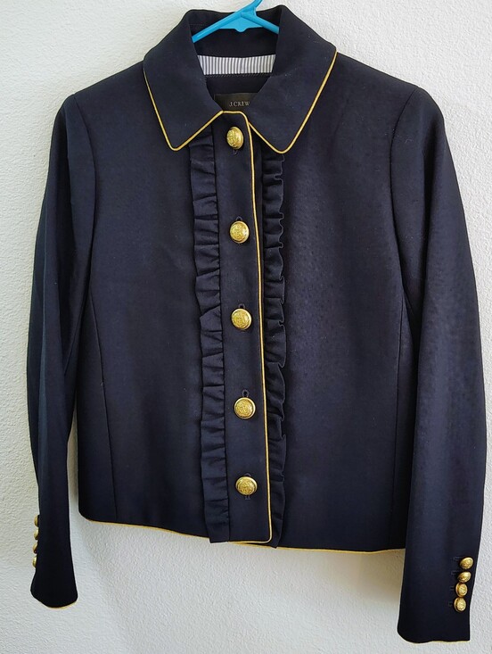 J. Crew Jackets & Blazers - J.Crew Navy Jacket with Gold Piping & Buttons with Ruffles Down the Front Size 0